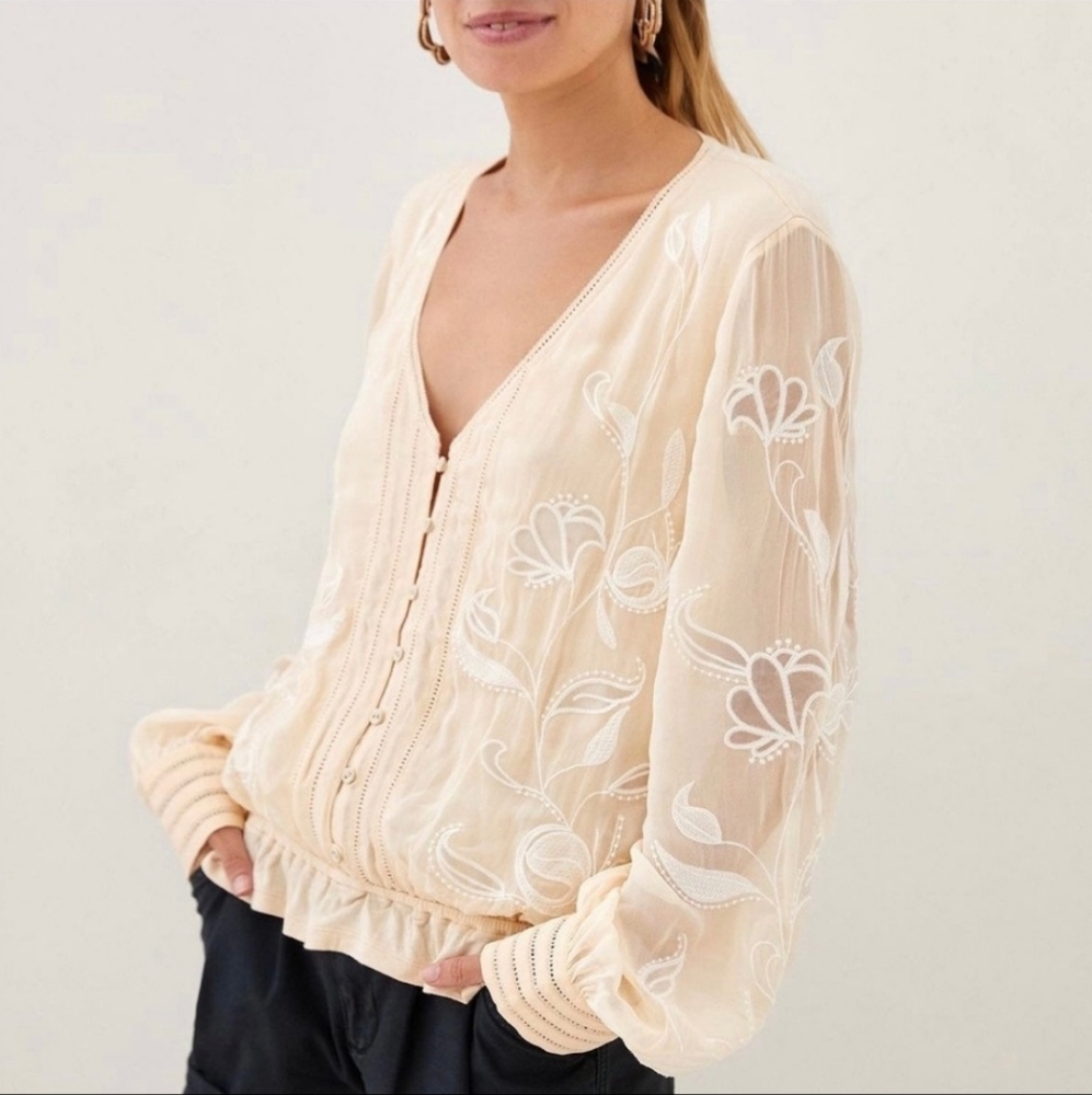 Anthropologie Buttondown Embroidered Floral Blouse | Cream